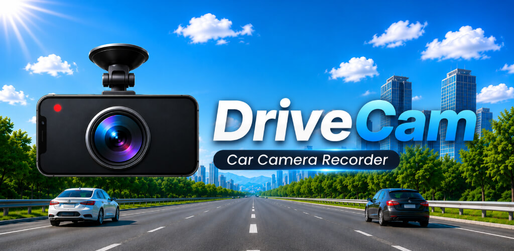 DriveCam dashcam app interface showing camera preview with GPS speed overlay.